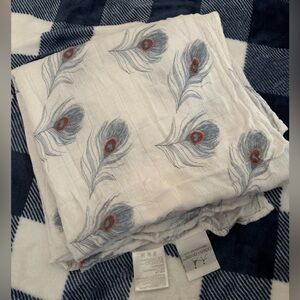 aden + anais White muslin Blanket with Blue and Brown Feather Design